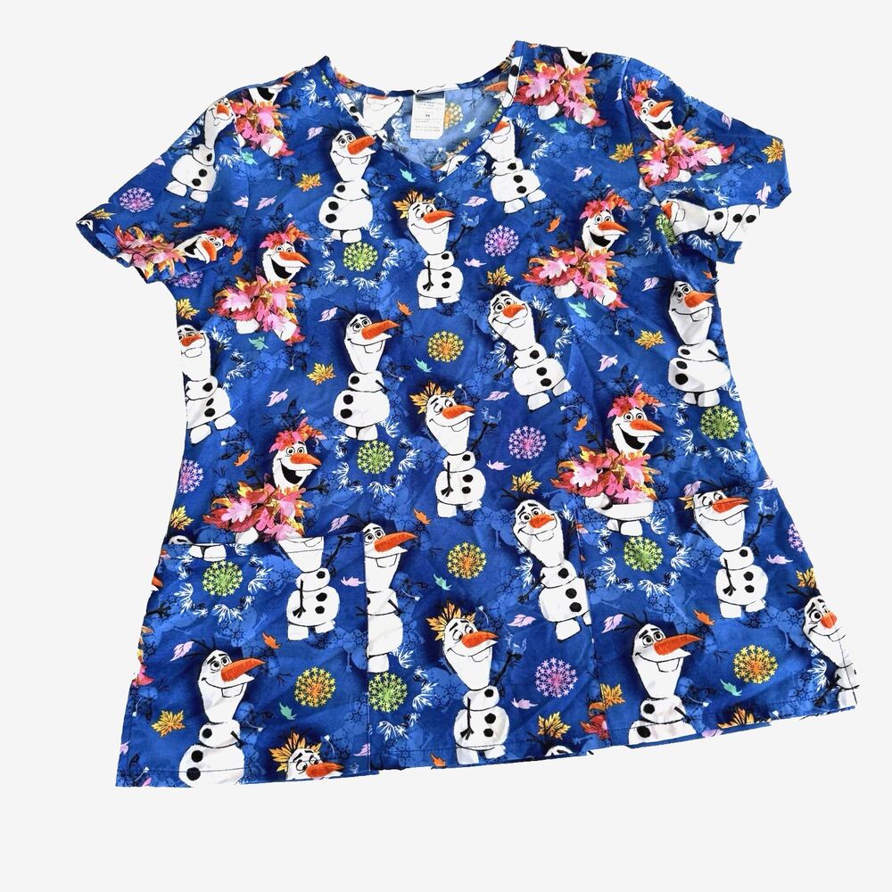 Fall Scrub Top Disney Frozen II Olaf Women's M V-neck Falling Leaves Stretch Ped